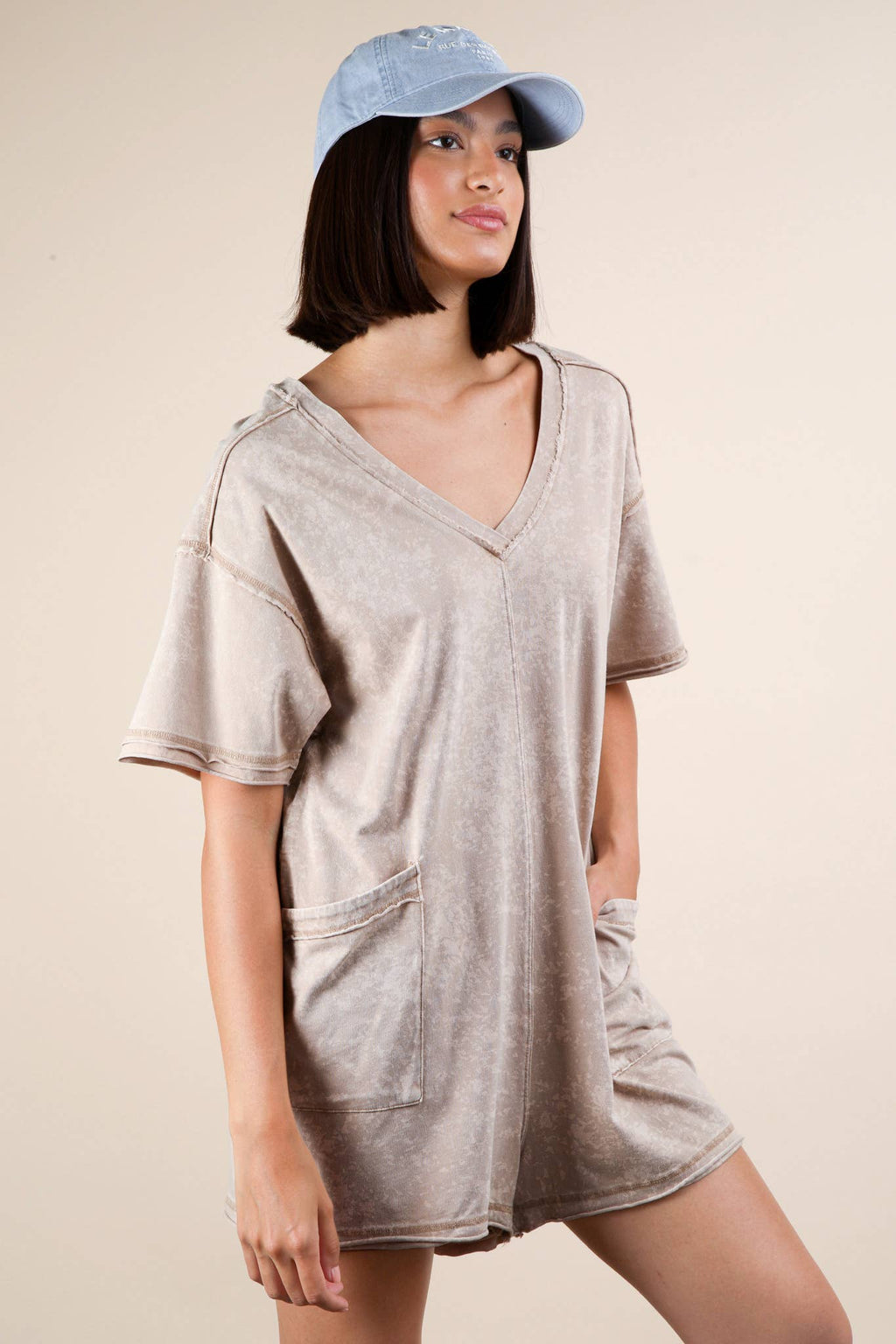 Mineral Washed Oversized Casual Knit Romper