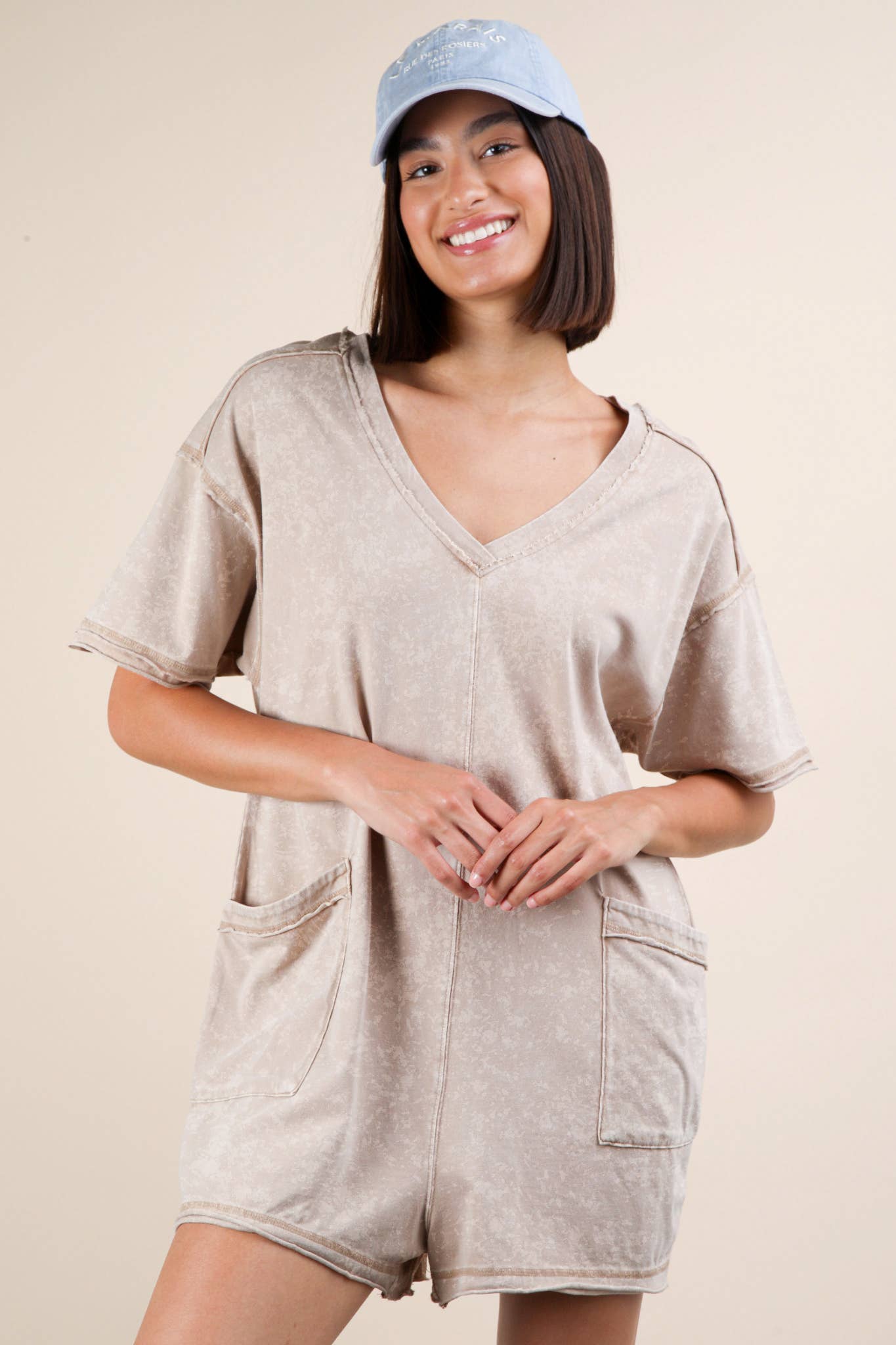 Mineral Washed Oversized Casual Knit Romper