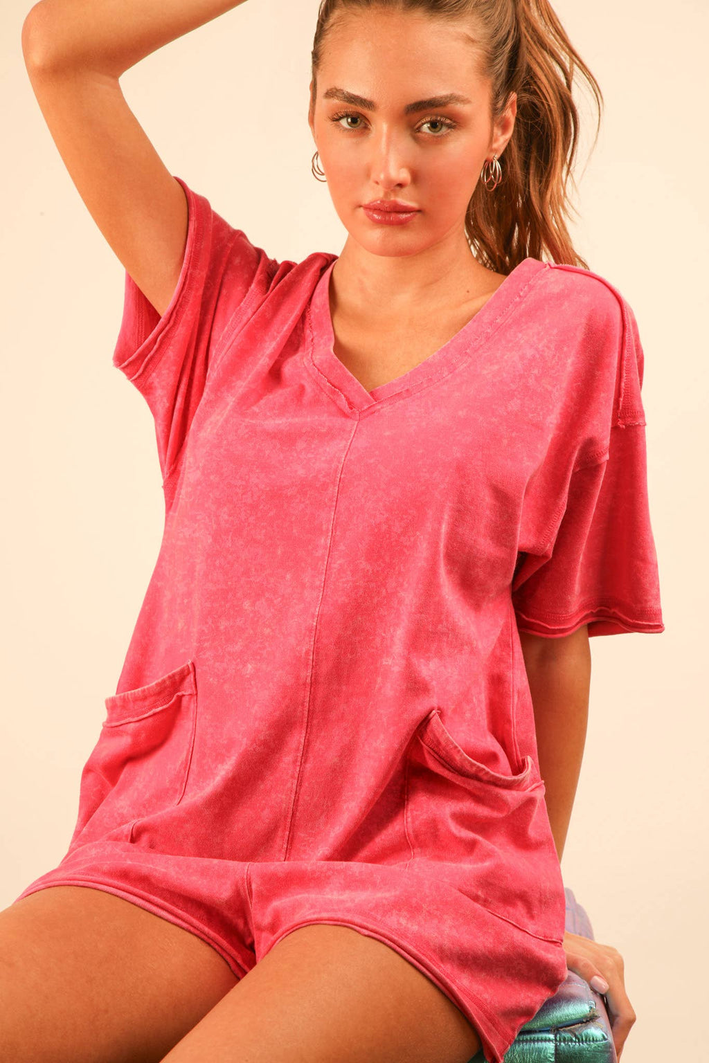 Mineral Washed Oversized Casual Knit Romper