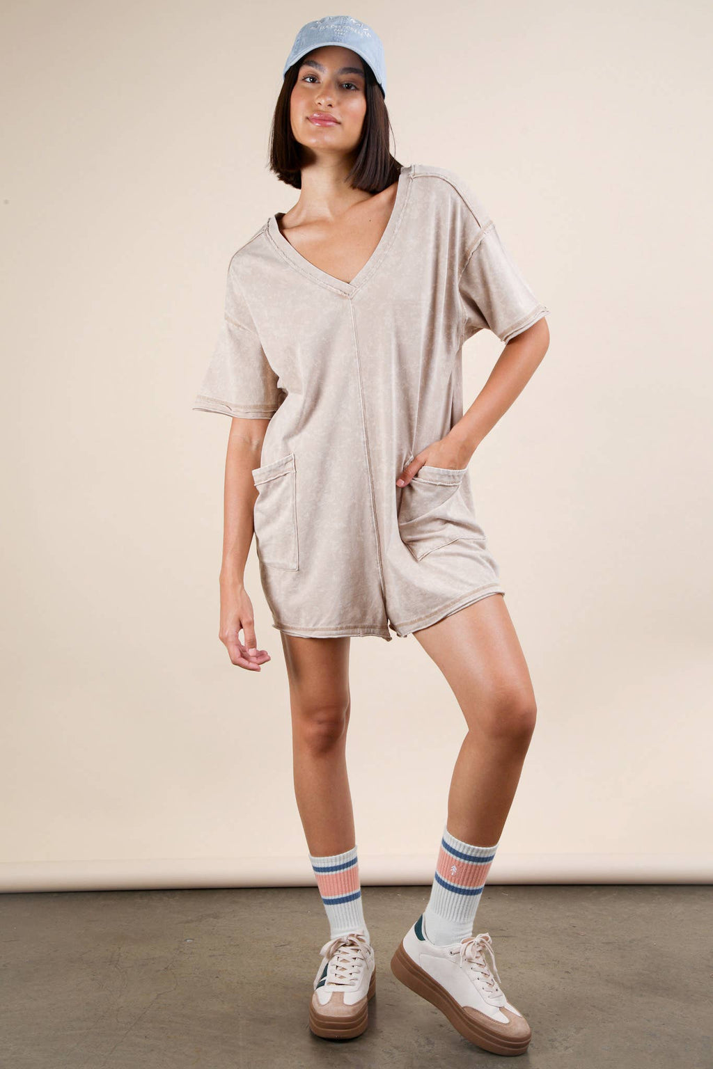 Mineral Washed Oversized Casual Knit Romper